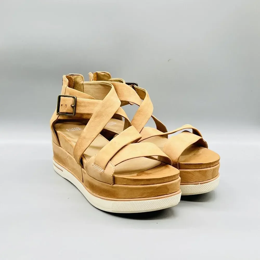 Eileen Fisher Sandals Womens 11 Beige Nubuck Boost Strappy Zip Platform Shoes